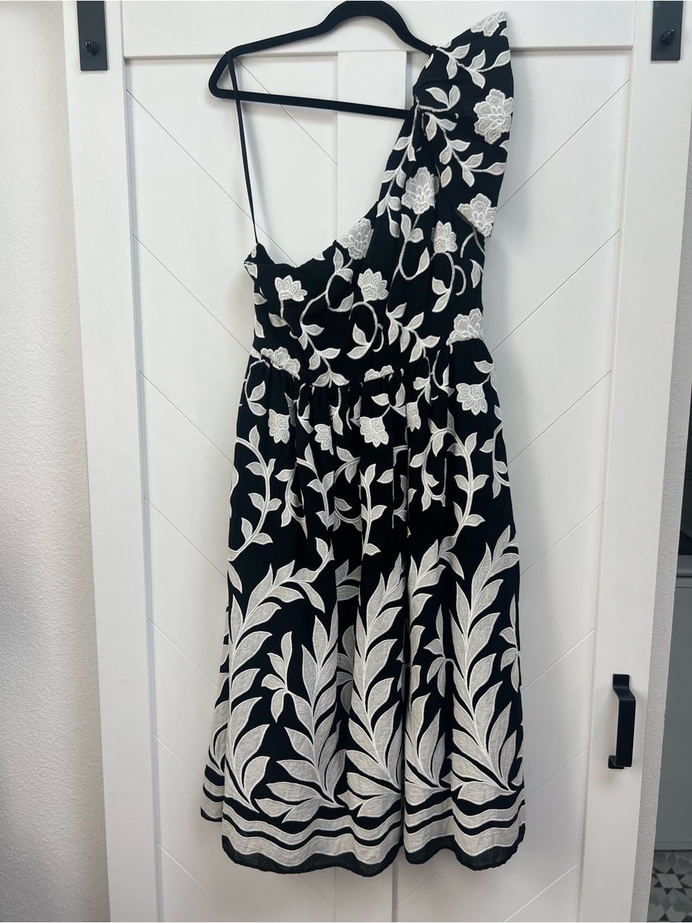 Anthropologie Black One-Shoulder Floral Appliqué Dress